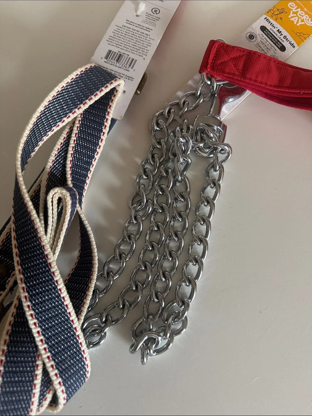 Denim blue with red stitching and Chain Lead - dog leash bundle